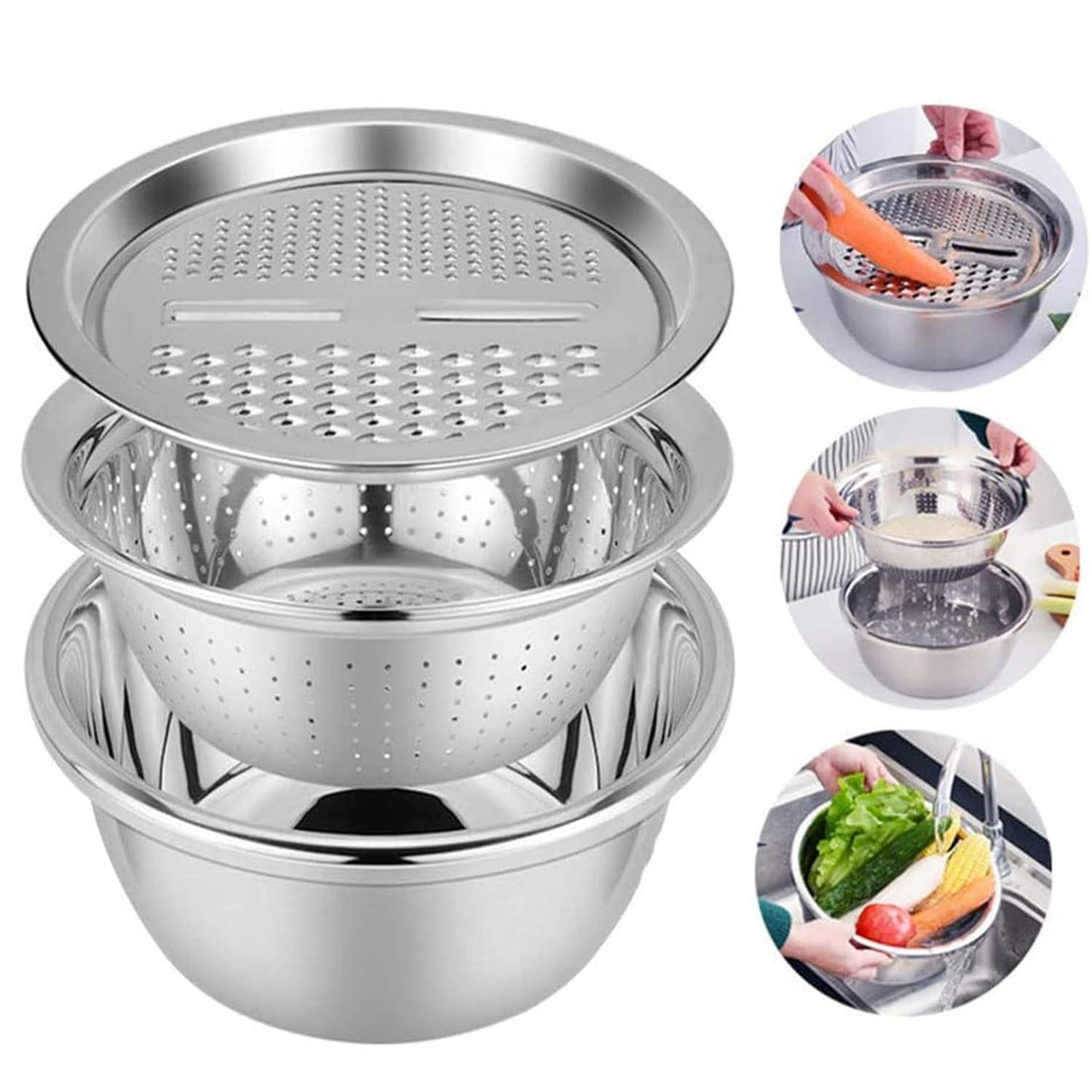 3 in 1 Multifunctional Grater Basin Stainless Steel Colanders Set